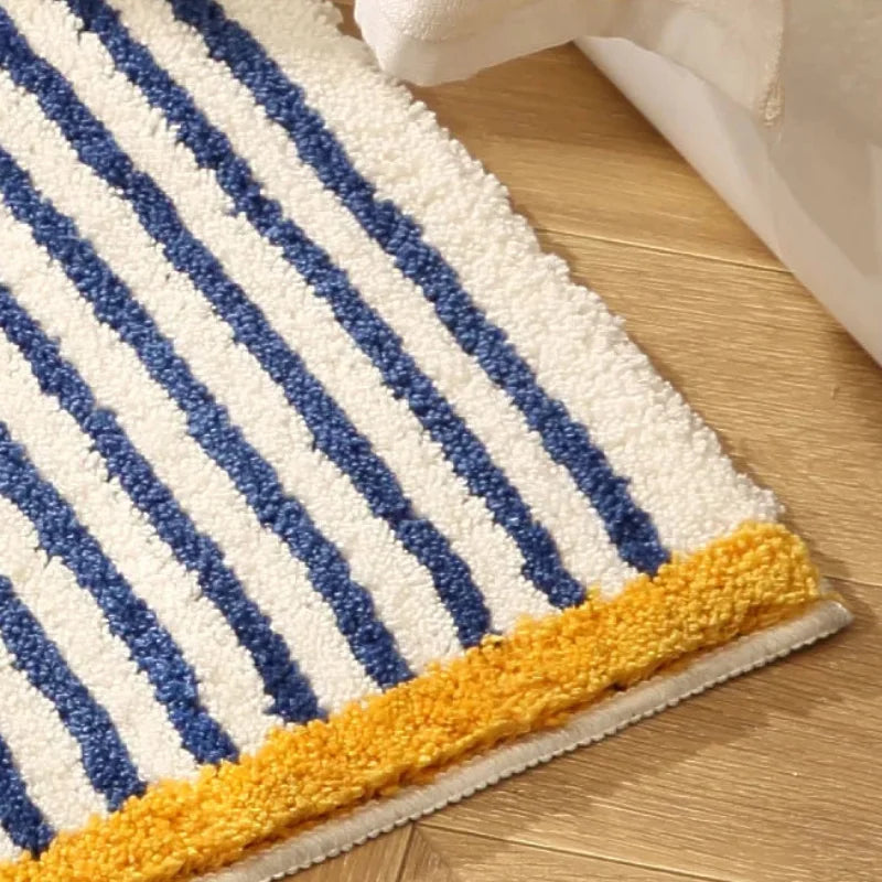 Long Tufting Blue Striped Rug Soft Flocking Non-slip Floor Mat Entrance Bedroom Living Room Girl's Bedside Blanket Home Decor