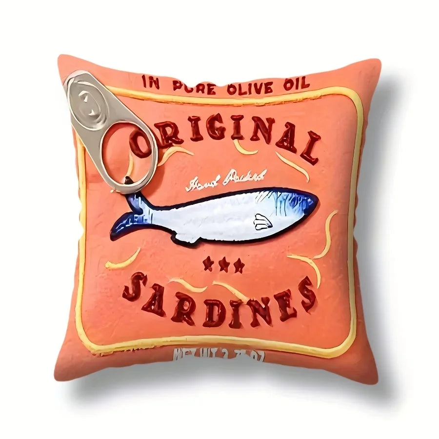 Sardine print pillow cover coastal cotton-linen quirky graphic square