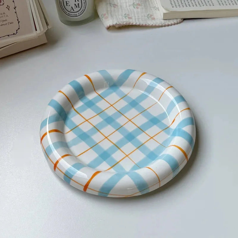Gridline Ceramic Plates Glossy ceramic plates with thick rim in pink green blue purple modern tableware
