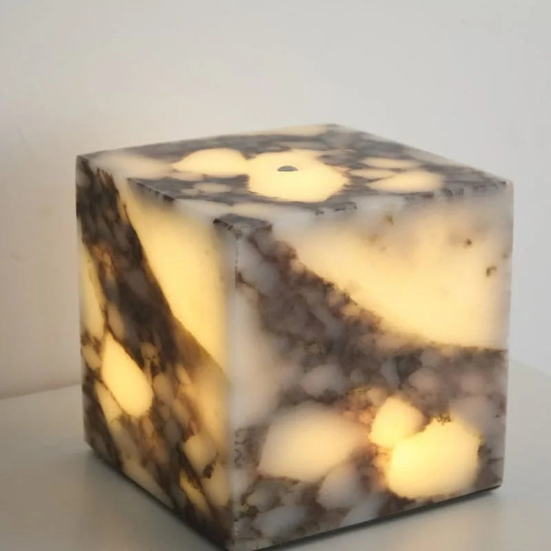 Stone cube lamp natural marble warm glow bedside modern decor light