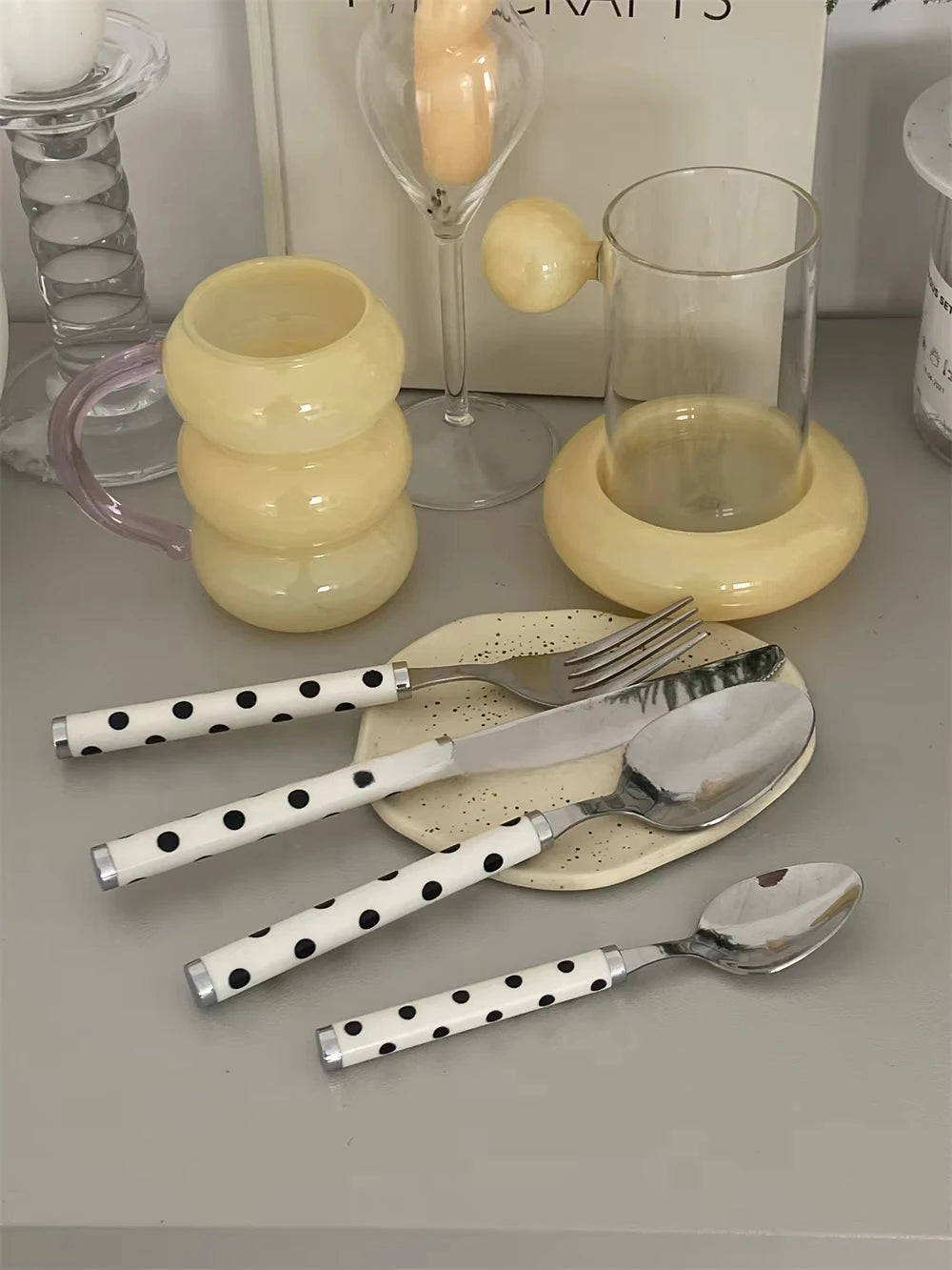Korean Ins Vintage Polka Dot 304 Stainless Steel Tableware, Dessert Knife Fork Spoon Set for Steak, Pasta, Cake & Coffee-Letifly Lights and Decor