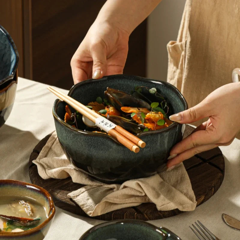 Ceramic serving bowls reactive glaze blue brown organic rim stackable modern dining tableware