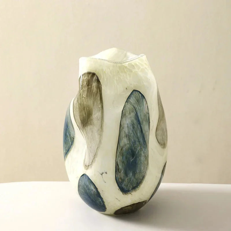 Glass vase cream green blue pebble pattern polished finish