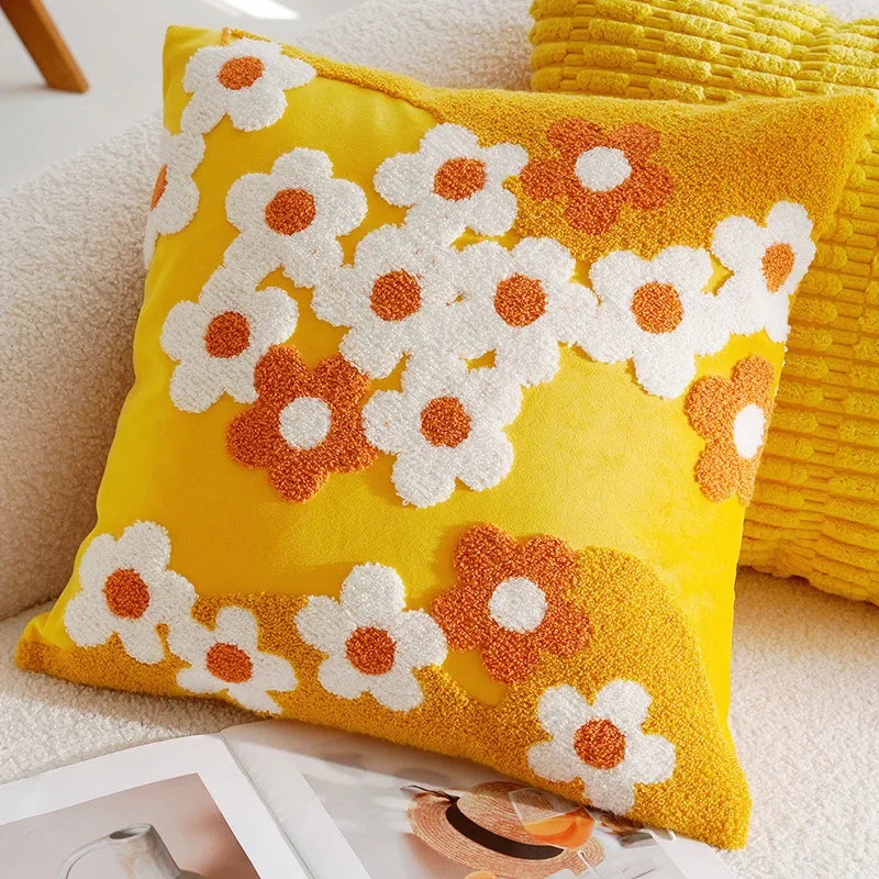 Floral embroidered cotton throw pillow cover daisy design cozy decorative cushion