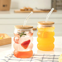 bubble glass cup bamboo lid straw borosilicate eco-friendly drinkware