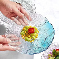 Zenith glass coaster set with irregular edges, transparent pink and blue textured plates for home dessert, dim sum, fruit, and decorative use