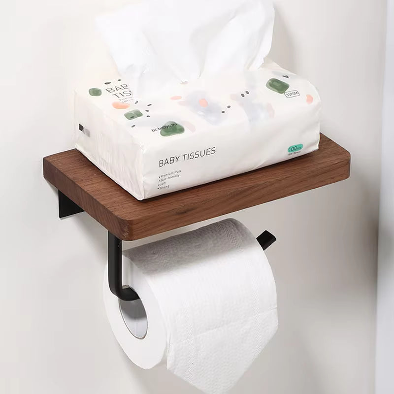 Toilet Paper Holder with Natural Walnut Wooden Shelf Tissue Roll Hanger Wall Mounted Paper Towel Bar 304 Stainless Steel Paper-Letifly Lights and Decor
