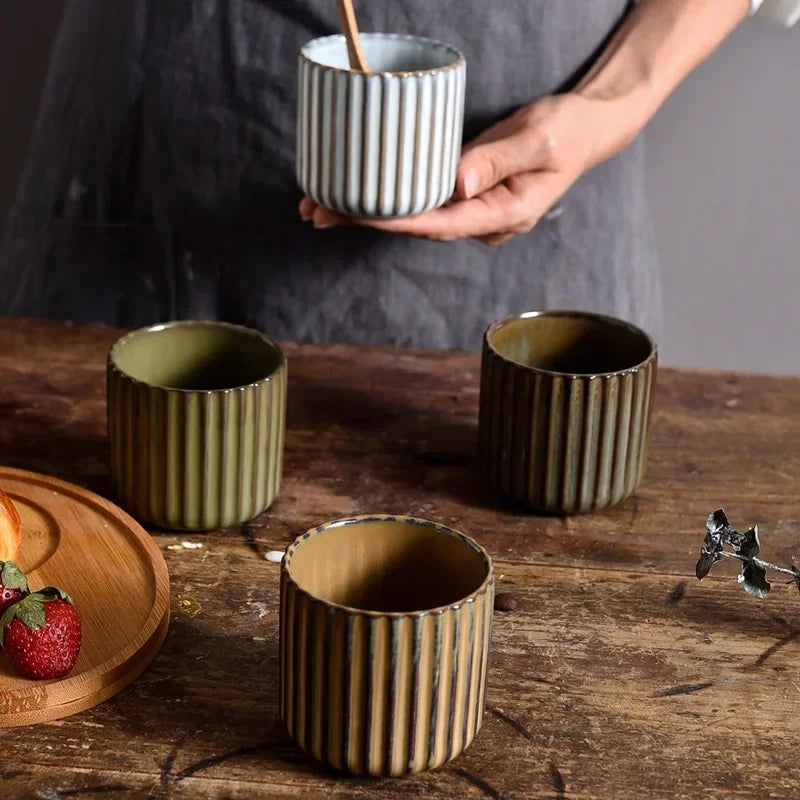 Ceramic ribbed retro tea cup hand-glazed Japanese style coffee wine mug
