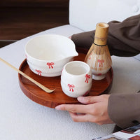 Ceramic matcha set red bow pattern bowl with spout whisk holder tea cup glossy ceramic tea tools