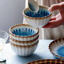 Blue ceramic dinnerware scalloped petal plate bowl sunburst glaze modern dining tableware set