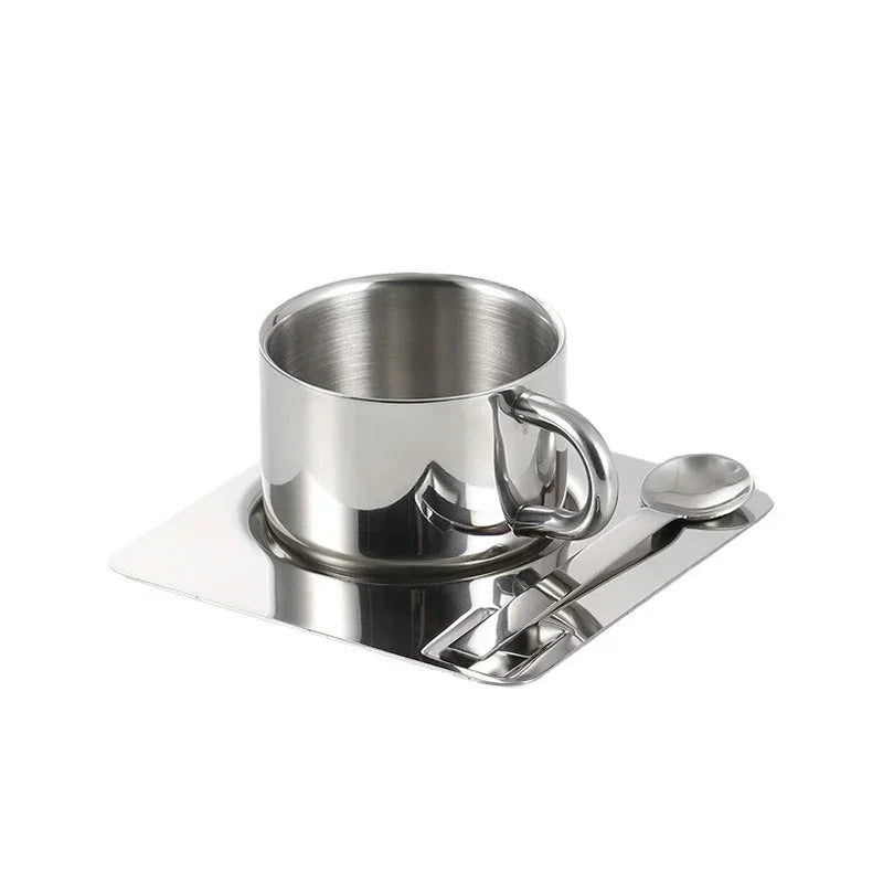 Stainless steel espresso cup and square saucer modern coffee tea set 3pc set with teaspoon