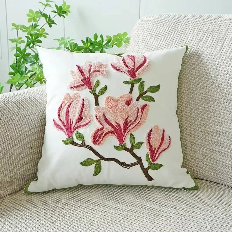 Floral embroidered cotton throw pillow cover daisy design cozy decorative cushion