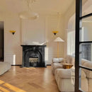 Modern glass wall lamp with black triangular mount ambient hallway lighting