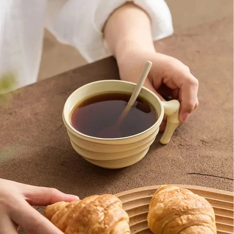 Ceramic ridged coffee mug warm brown textured tea cup sculptural handle minimalist drinkware