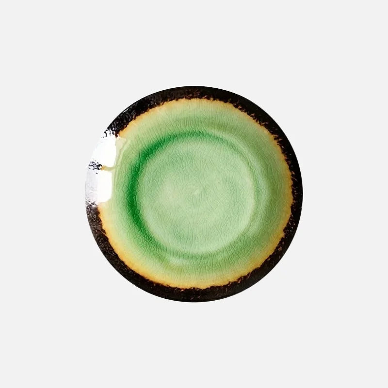 Ceramic Dinner Plate Green Kiln Glaze Flat Sushi Salad Serving Crackle Ice Glazed Dish