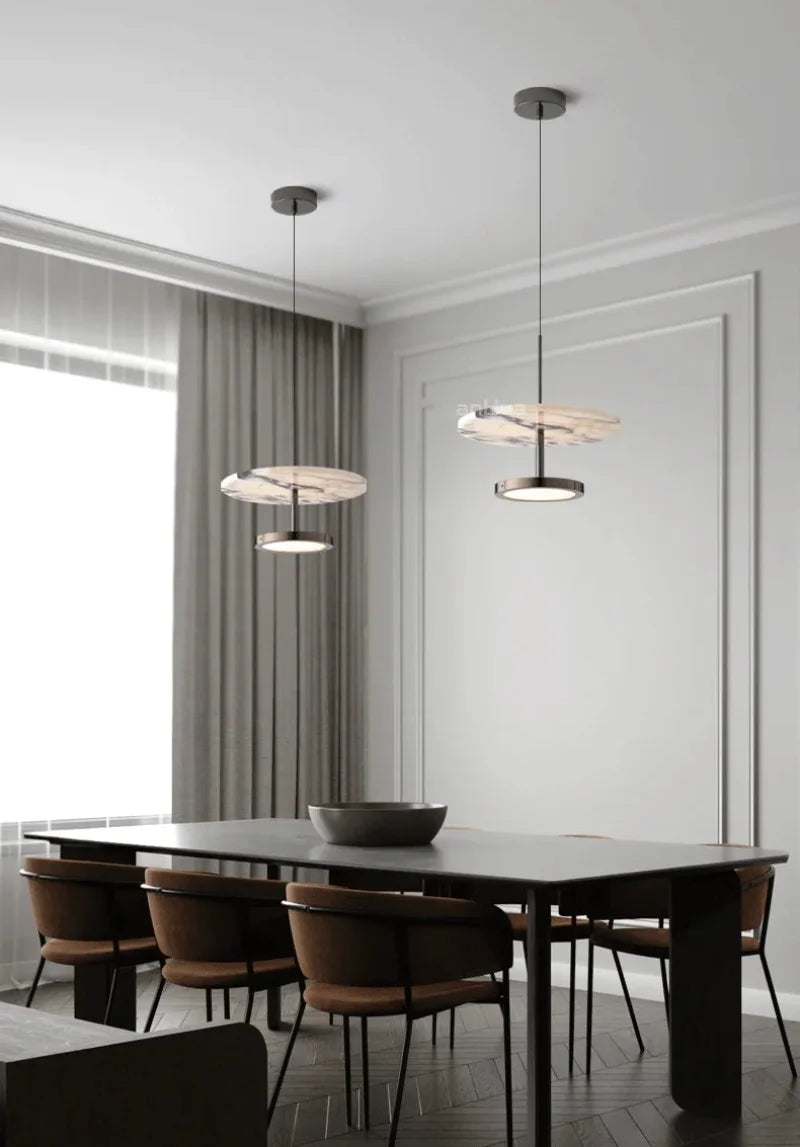 Stratum Marble Pendant Lamp Luxury Black Round Natural Stone Pendant Lamp High-end Bedroom Bedside LED Chandelier Living room Decoration Home Hanging Lights