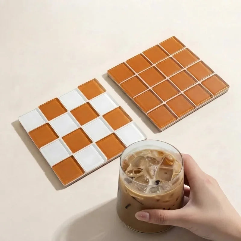 2Pcs Square Mosaic Glass Coaster Set, Heat Resistant Drink Cup Mats, Non-Slip Cork Base Table Protection Mat, Modern Minimalist-Letifly Lights and Decor