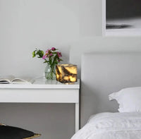 Stone cube lamp natural marble warm glow bedside modern decor light