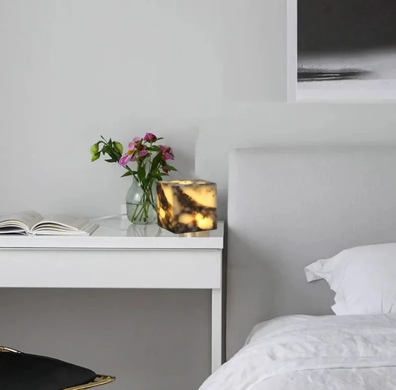 Stone cube lamp natural marble warm glow bedside modern decor light
