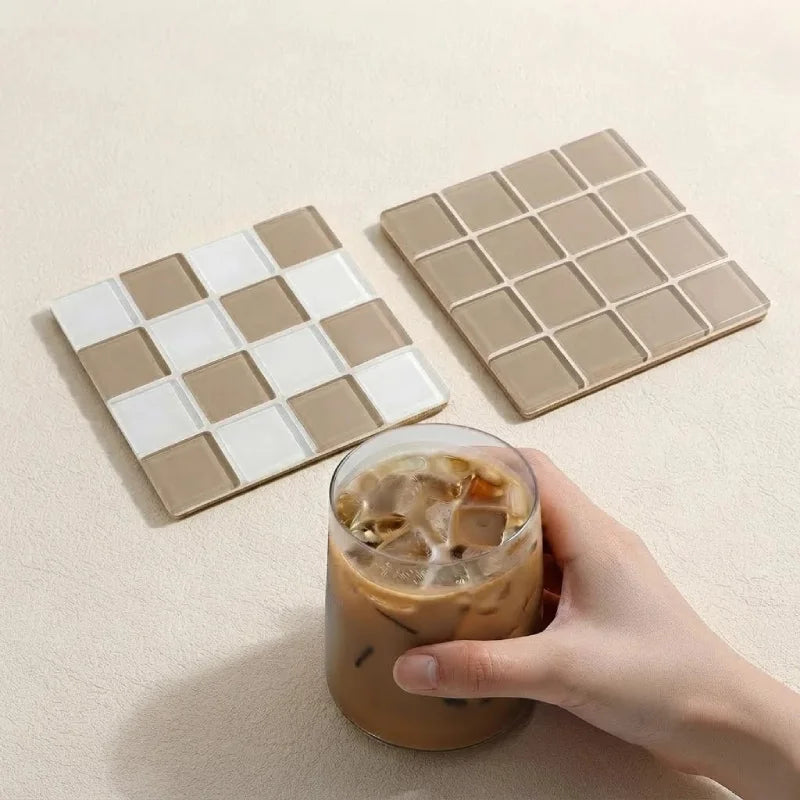 2Pcs Square Mosaic Glass Coaster Set, Heat Resistant Drink Cup Mats, Non-Slip Cork Base Table Protection Mat, Modern Minimalist-Letifly Lights and Decor