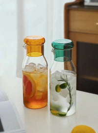 Glass carafe with cup lid modern water bottle minimalist infusion pitcher clear glass beverage container bedside carafe