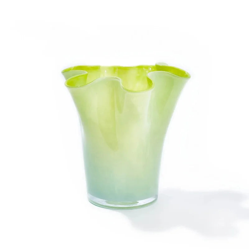 Glass vase gradient color wavy rim handblown ruffle edge pastel dotted accents