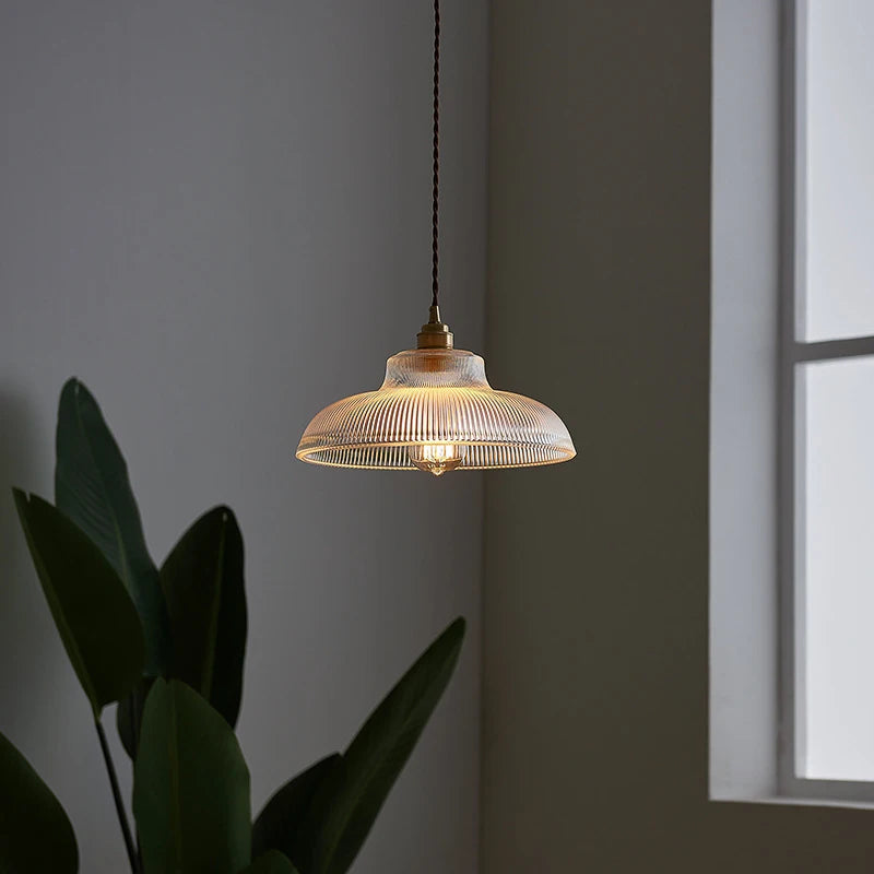 Linden Glow Ribbed Pendant Light Ribbed glass pendant light with brass hardware Nordic hanging lamp