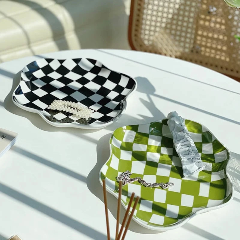 European Chessboard Ceramic Plate Black and White Checkered Irregular Tableware Dinner Plate Dinner Set Plates and Dishes-Letifly Lights and Decor