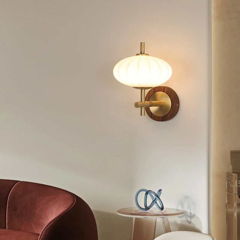 The Aurelia Sconce Walnut wood wall sconce with ribbed glass shade modern retro bedside light