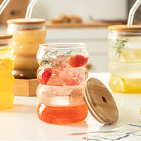 bubble glass cup bamboo lid straw borosilicate eco-friendly drinkware