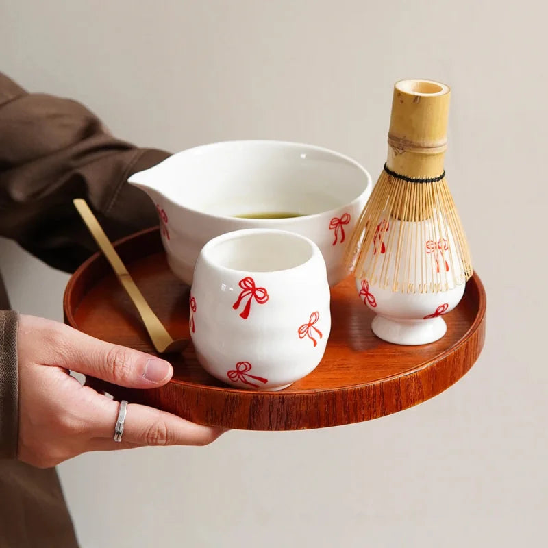 Ceramic matcha set red bow pattern bowl with spout whisk holder tea cup glossy ceramic tea tools