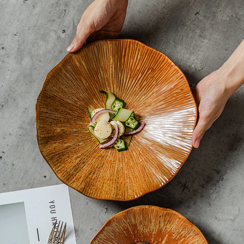 Terracotta ceramic sunburst bowl scalloped rim artisan textured serving bowl modern rustic tableware