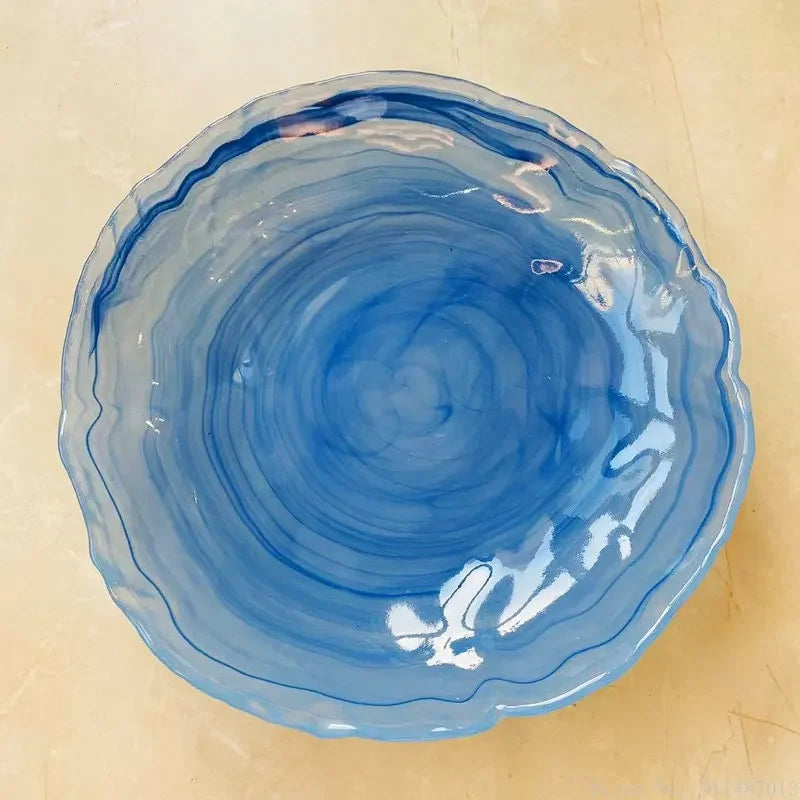 Pacific Blue Decor Bowl Irregular cobalt blue cloud water wave glass soup plate, hazy ocean topography decor bowl for high-end household and restaurant kitchen dinnerware