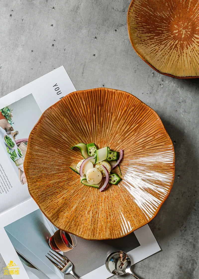 Terracotta ceramic sunburst bowl scalloped rim artisan textured serving bowl modern rustic tableware