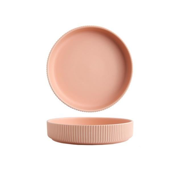 round ceramic textured stripe exterior pink plate
