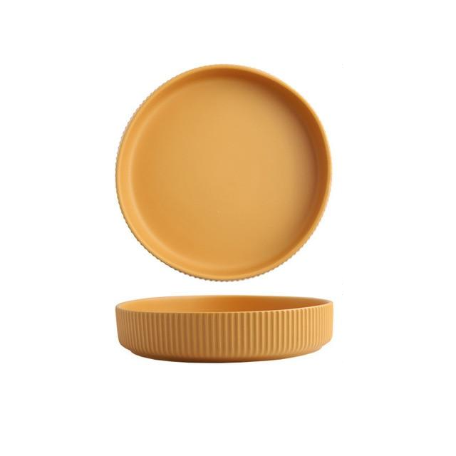 round ceramic textured stripe exterior yellow plate