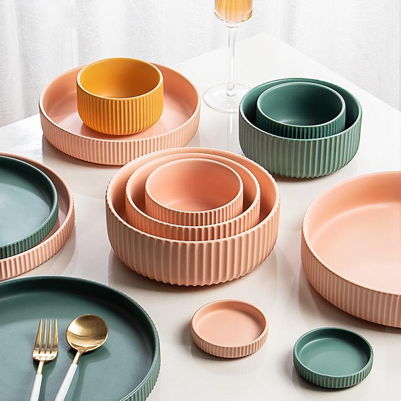 round ceramic textured stripe exterior pink yellow green plates and bowls