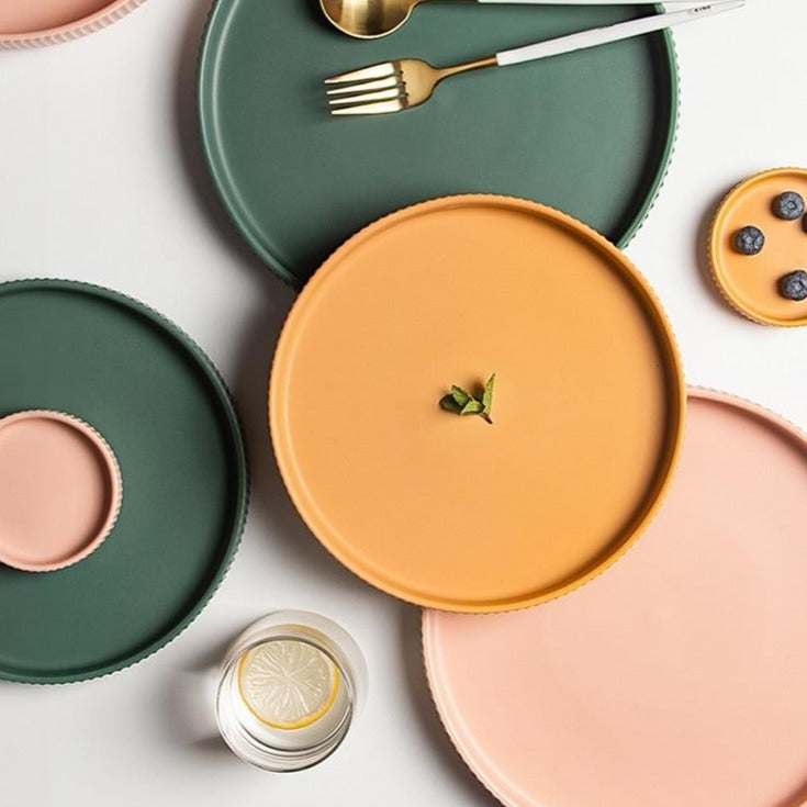round ceramic textured stripe exterior pink yellow green plates and bowls