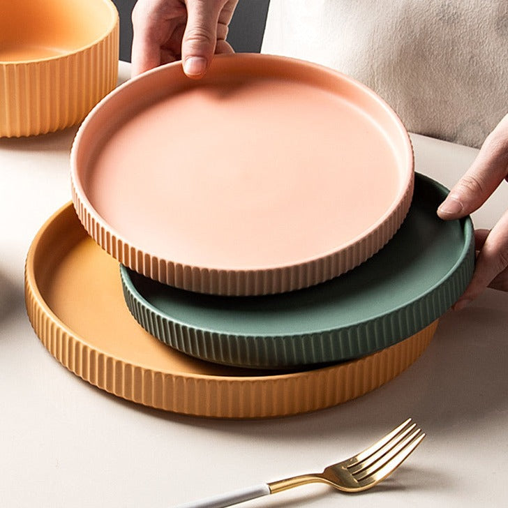 round ceramic textured stripe exterior pink yellow green plates and bowls