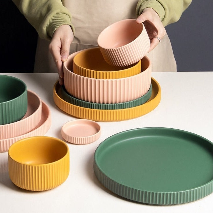 round ceramic textured stripe exterior pink yellow green plates and bowls