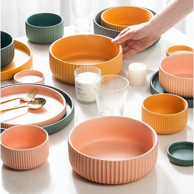 round ceramic textured stripe exterior pink yellow green plates and bowls