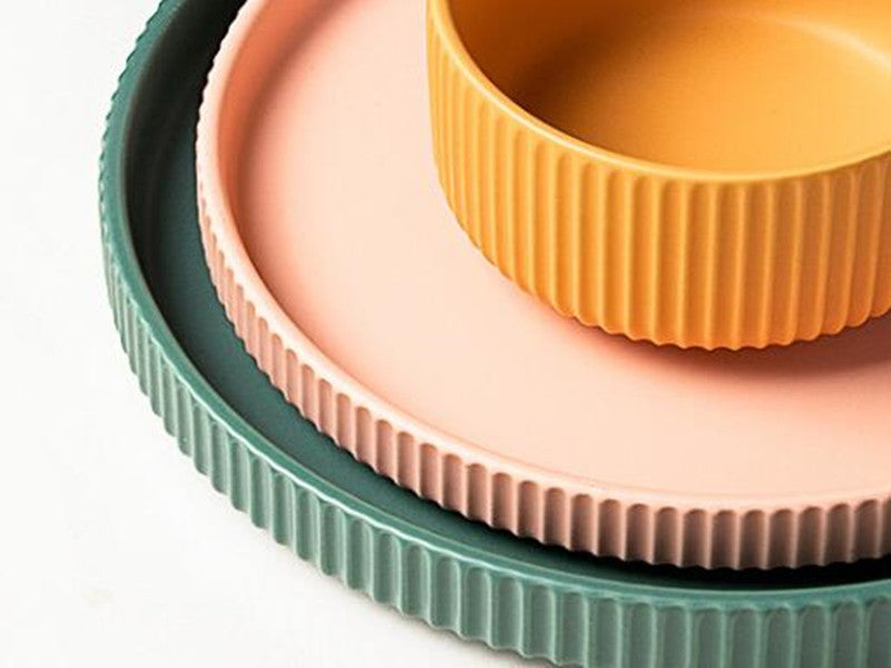 round ceramic textured stripe exterior pink yellow green plates and bowls