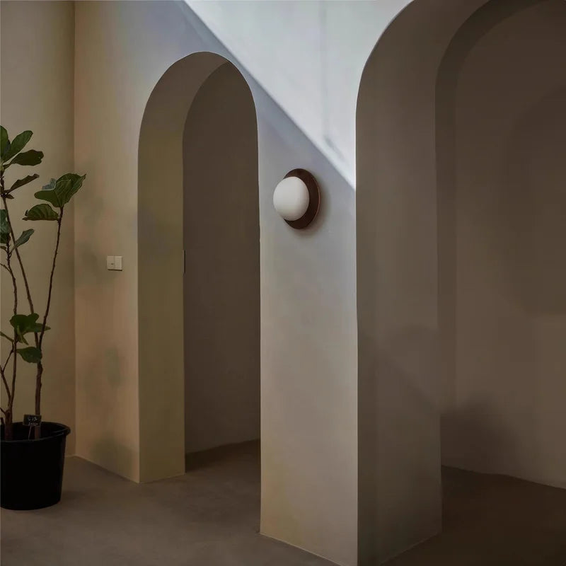Walnut Wood Brass lighting Wall sconce round globe glass rustic wall lighting