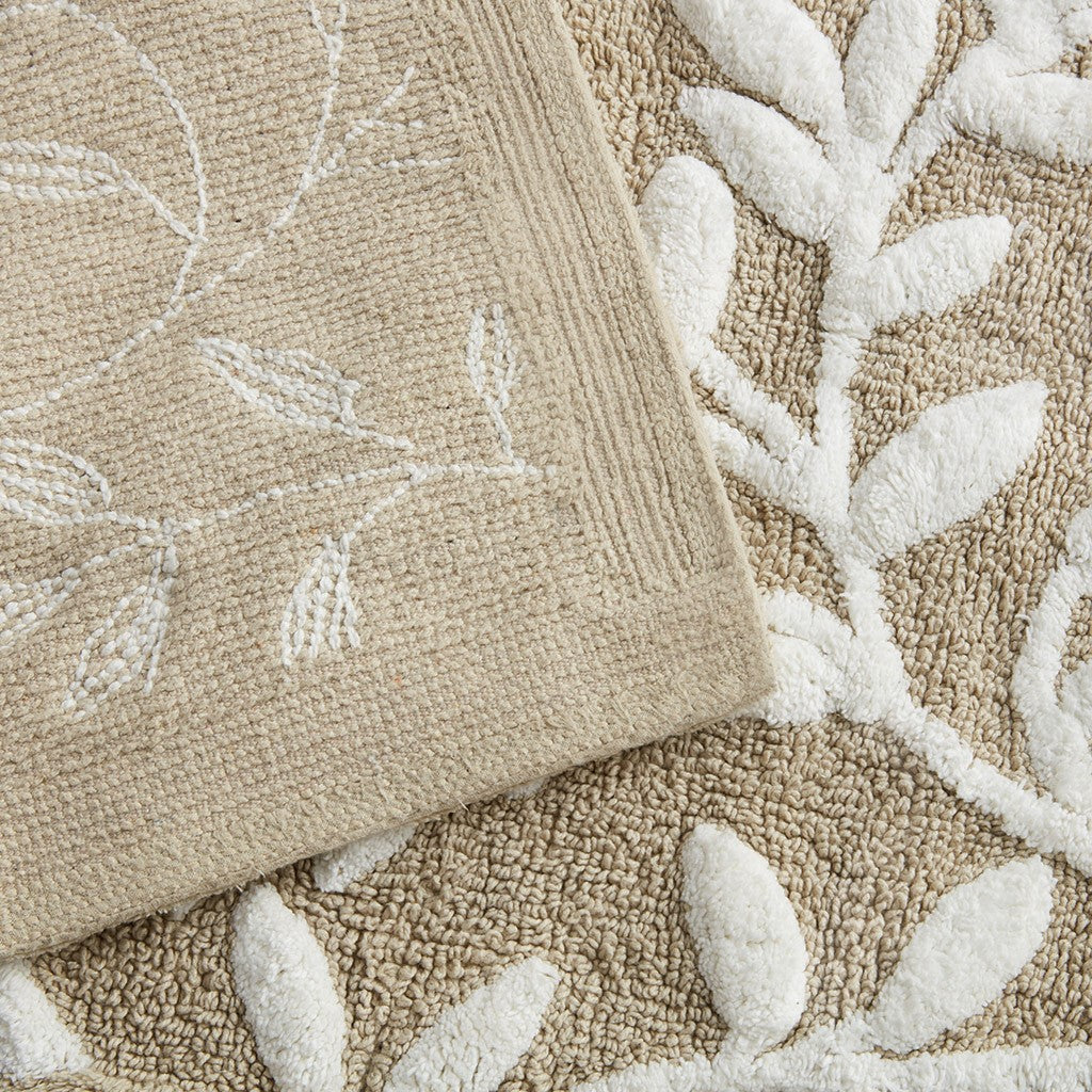 Floral Bathroom Rug Beige White Leaf Tufted Bath Mat Pattern Soft Absorbent Non-Slip Mats