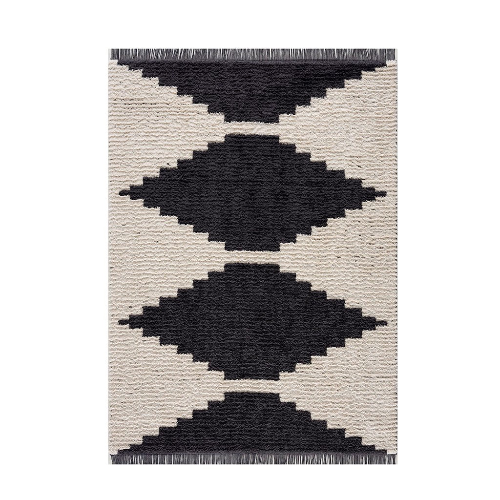 Modern Black and Beige Area Rug Geometric Zigzag Pattern Textured Living Room Carpet with Fringe