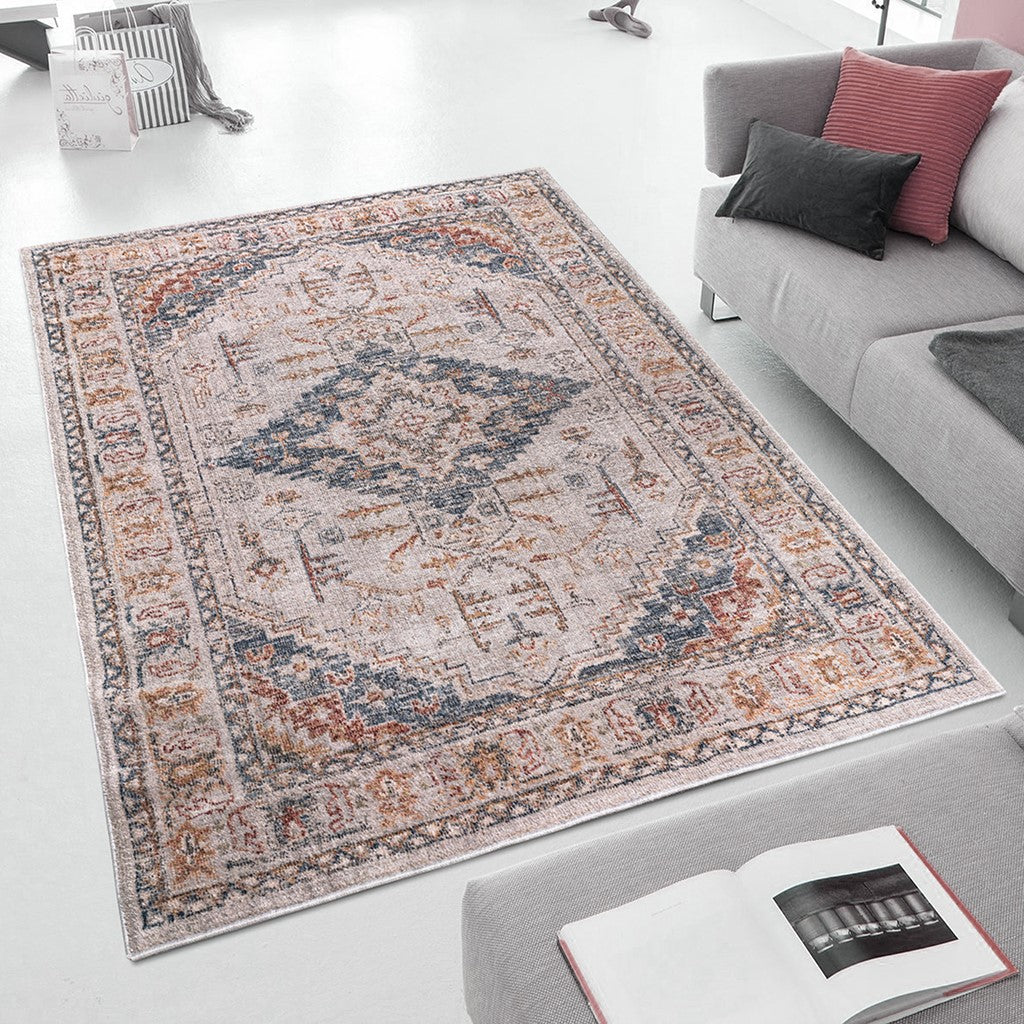 Vintage Medallion Area Rug Faded Blue Rust Ivory Traditional Persian Style Woven Living Room Carpet