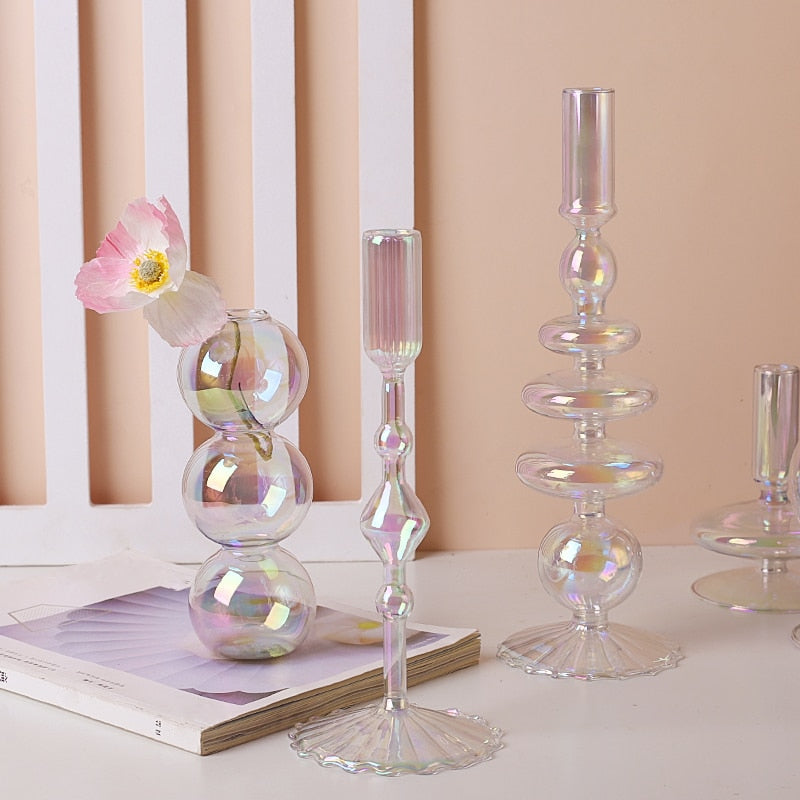 Clear Rainbow Iridescent Blown Glass Candle Holder