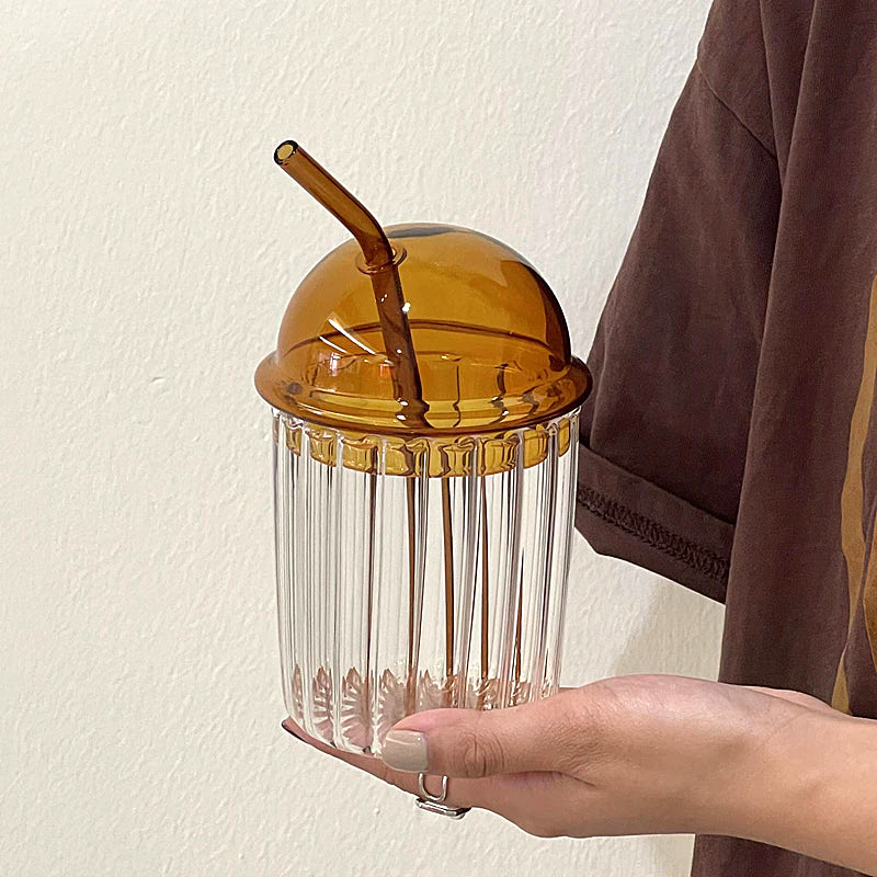 Drinking Glasses with Dome Lids and Glass Straw Can Shaped