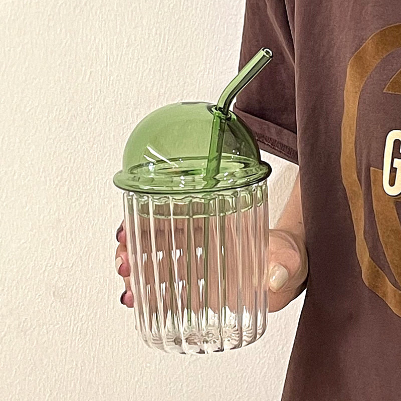 Premium Dome Lid Ripple Glass & Straw Set for Eco-Friendly Beverages