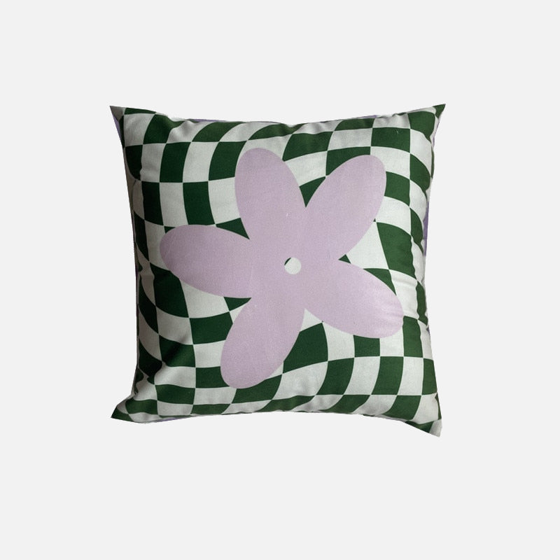 Lilac Green Floral Check Pillow Cover
